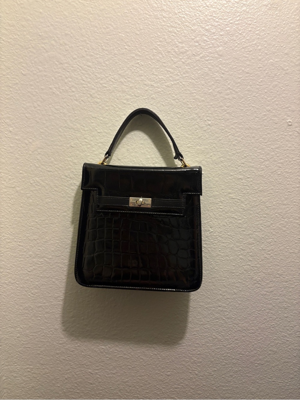 Classic Black Croc-Embossed Top Handle Bag
